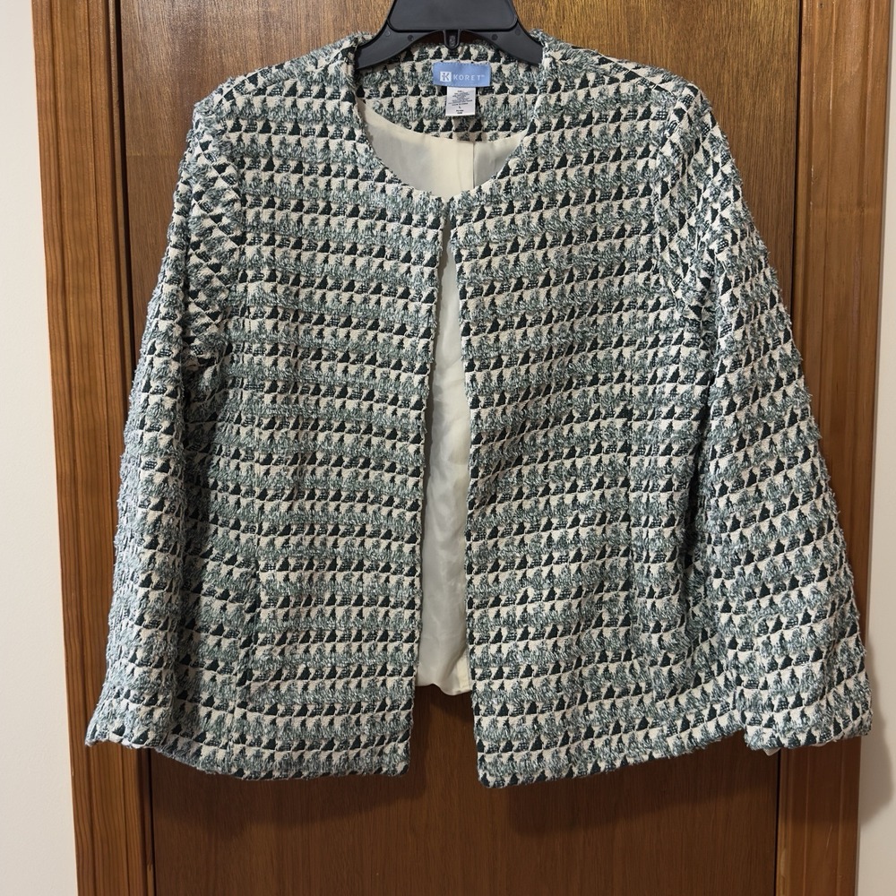 Koret Women's Green Ivory Beige Button Down Jacket Size L Blazer Checkered